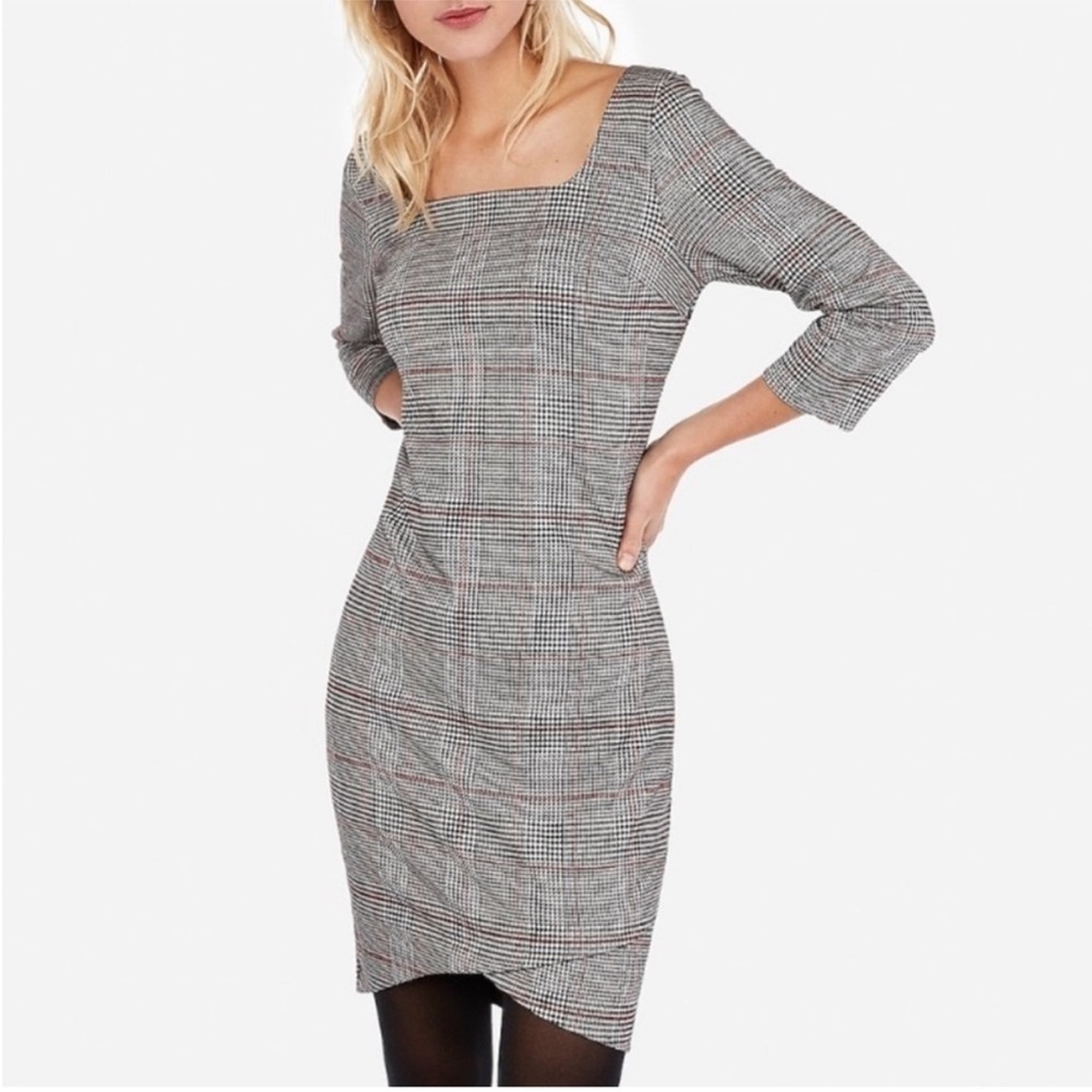 Express Plaid Stretch Bodycon Dress Tulip Hem Size Small Preppy Whimsigoth Boho